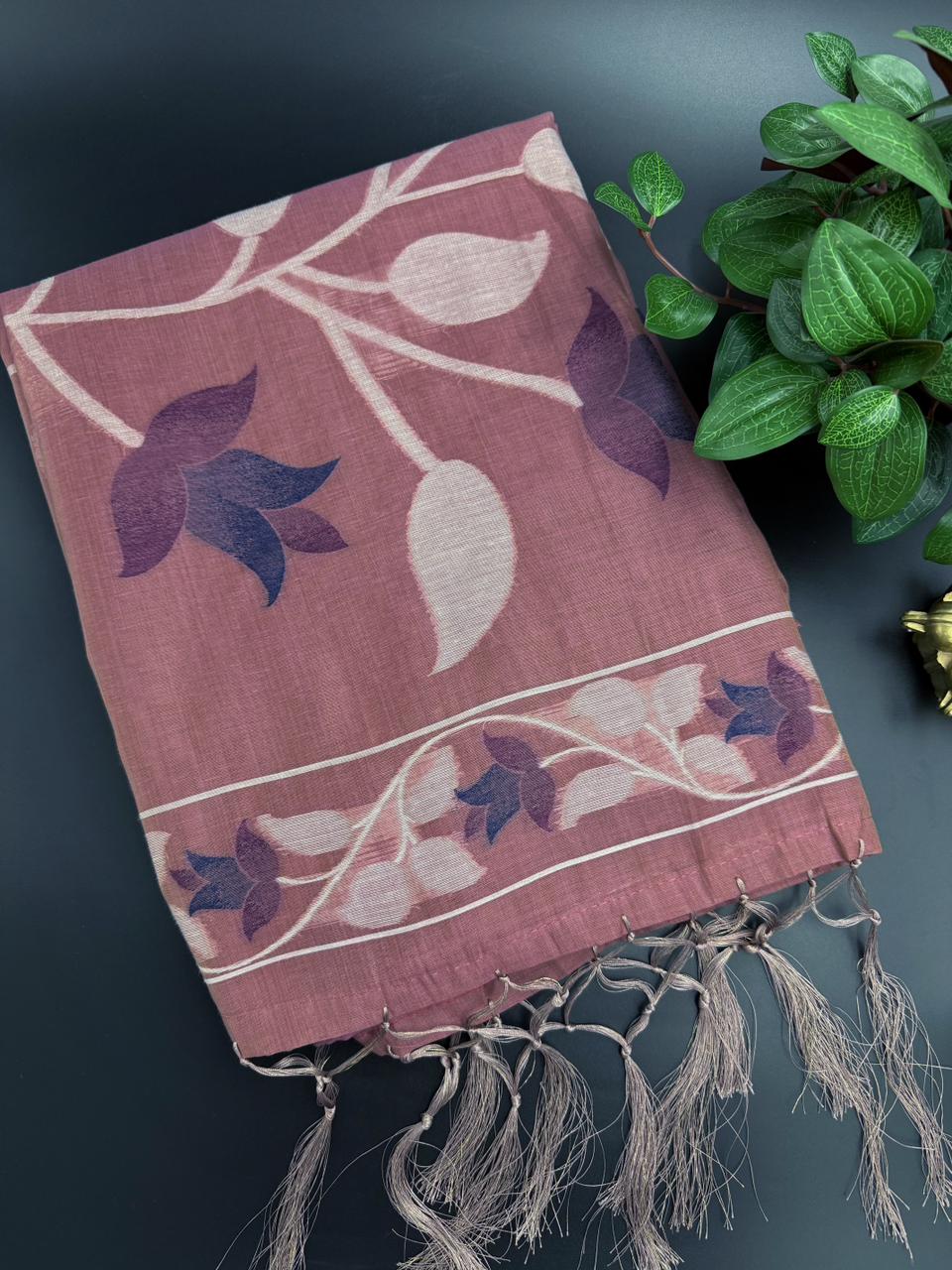 Bengal cotton dusky pink sarees with floral motifs