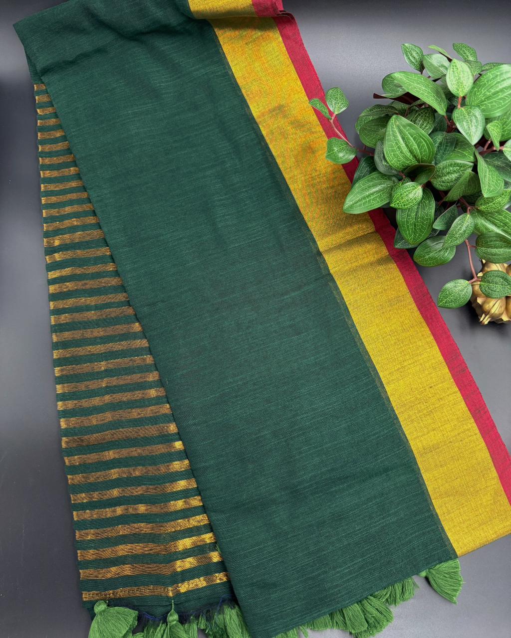 Dark Green Linen Saree With Golden Zari Border