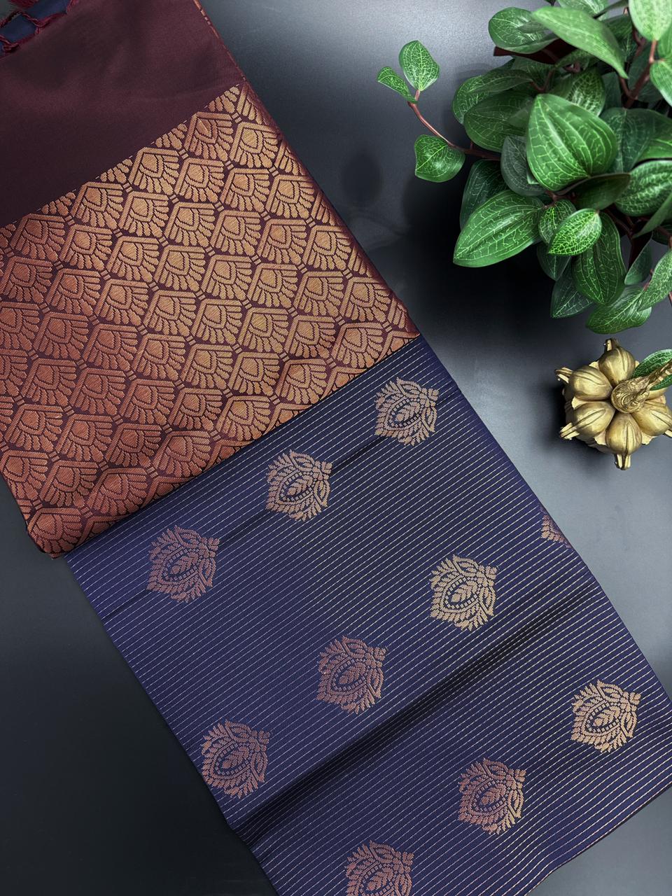 Navy Blue Dupion Silk Saree and Maroon Border with Flower buttas