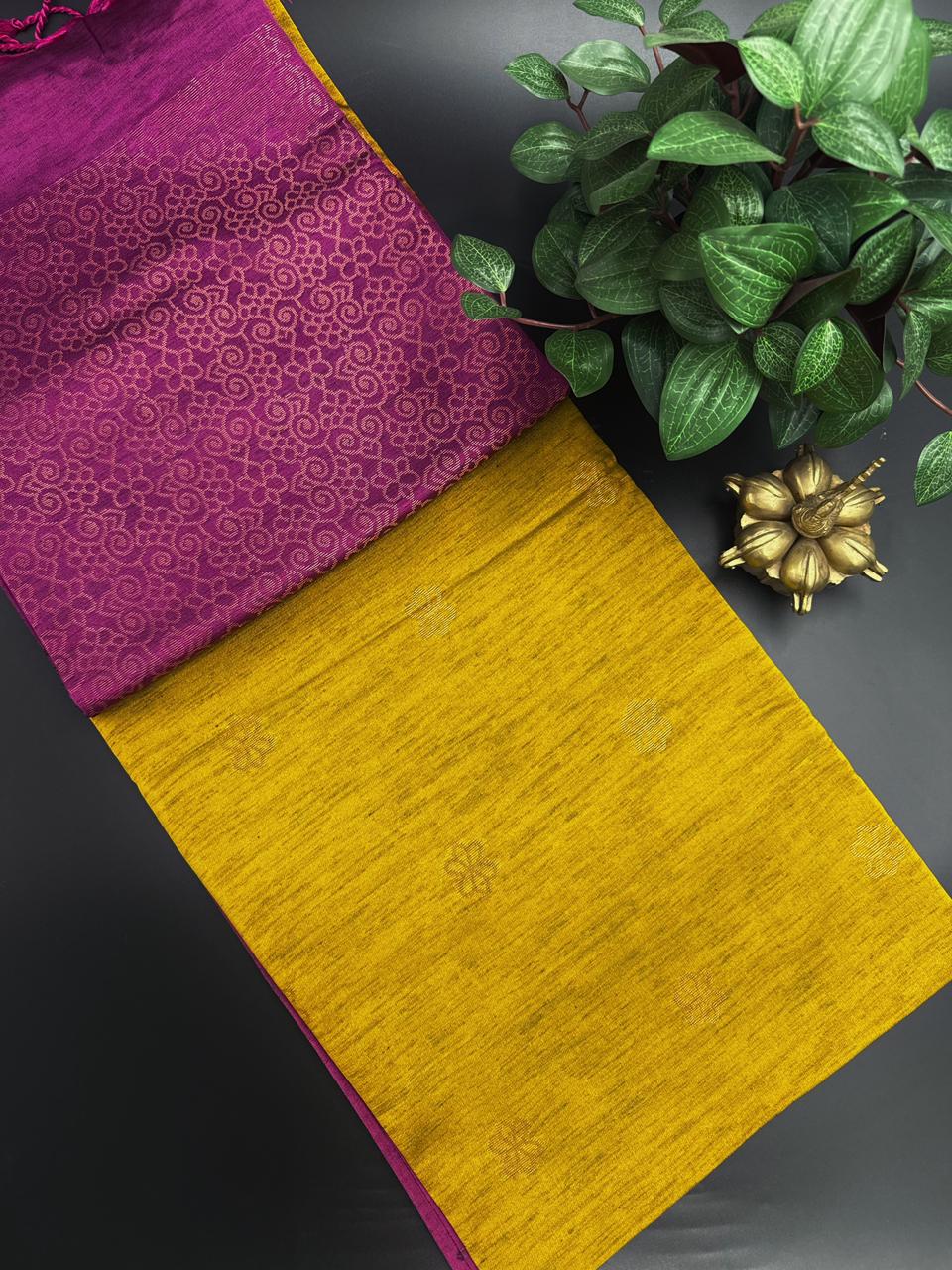 Golden Yellow Dupion Silk Saree and Pink Border with Flower buttas