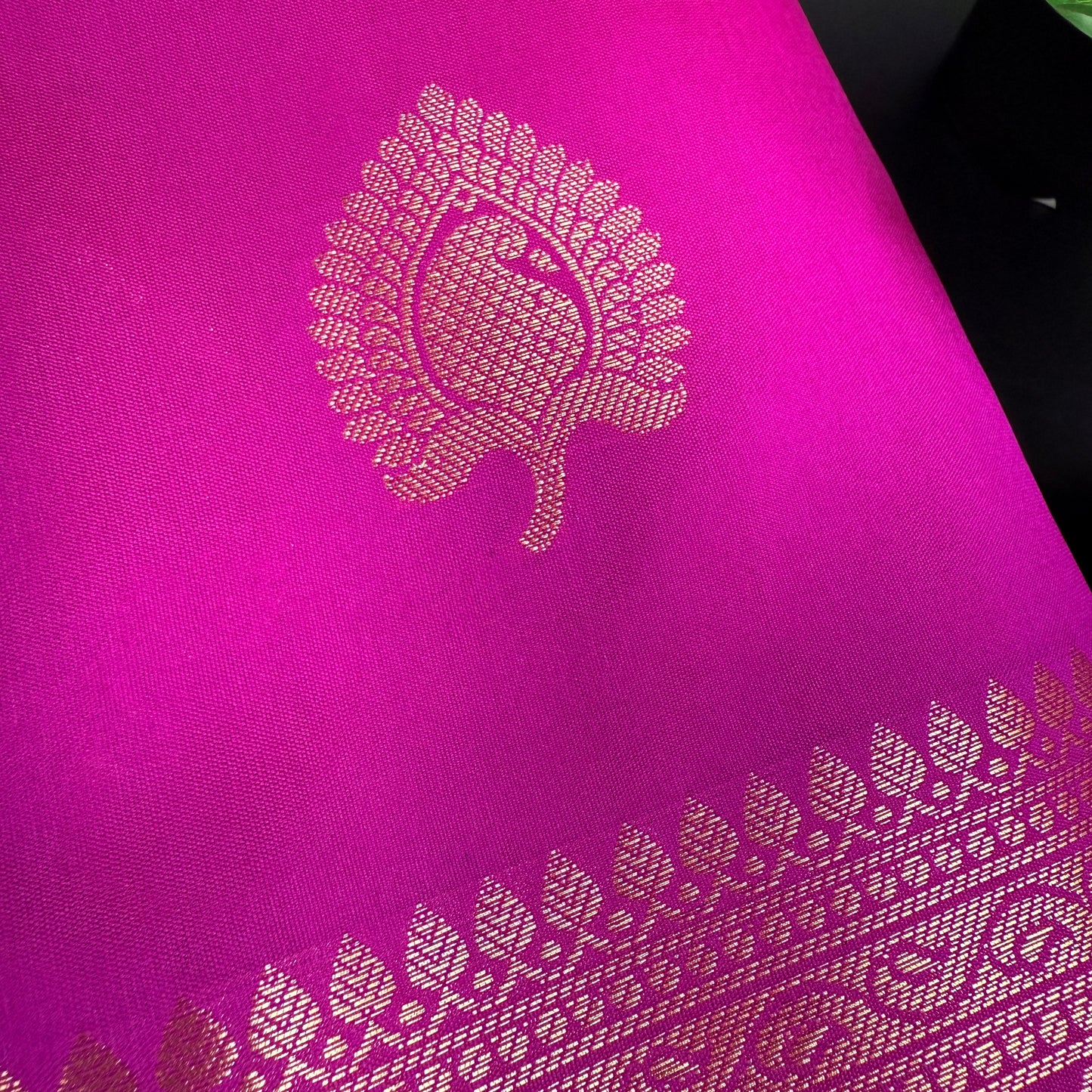 Muga Silk Rani Pink Saree with Golden Zari Border