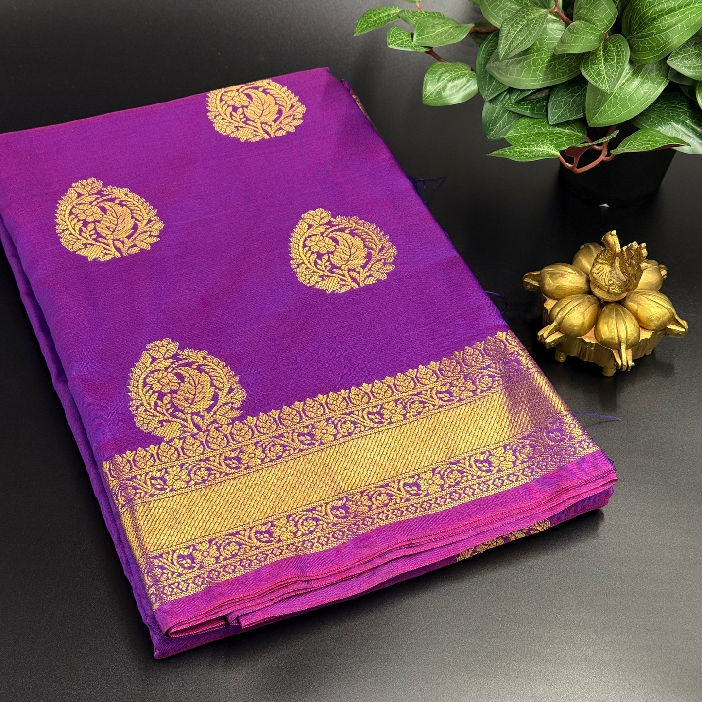 Purple Blended Silk Saree Adorned with a Pink and Gold Zari Border