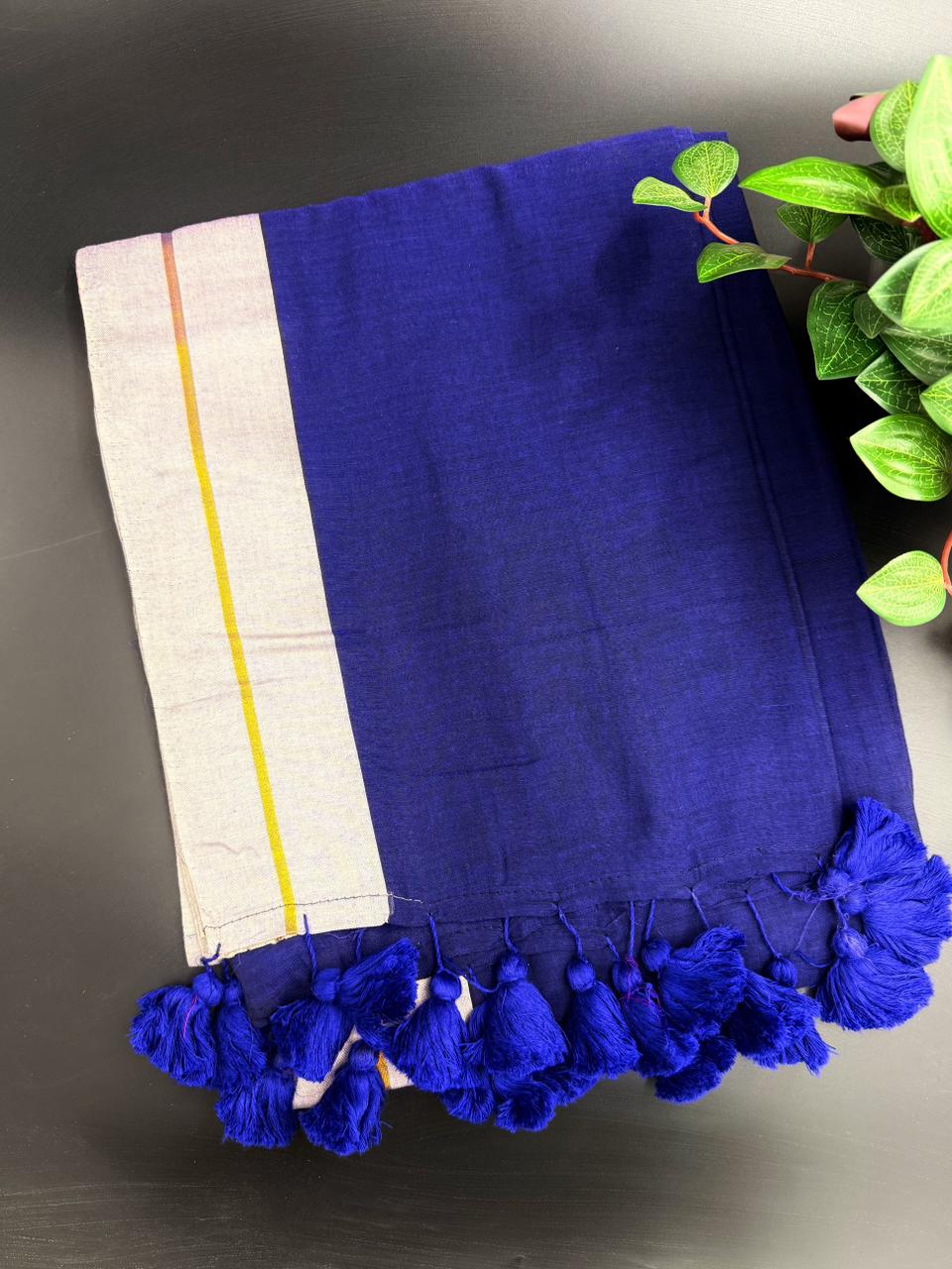 Navy Blue Mul Cotton Saree with Pink Border