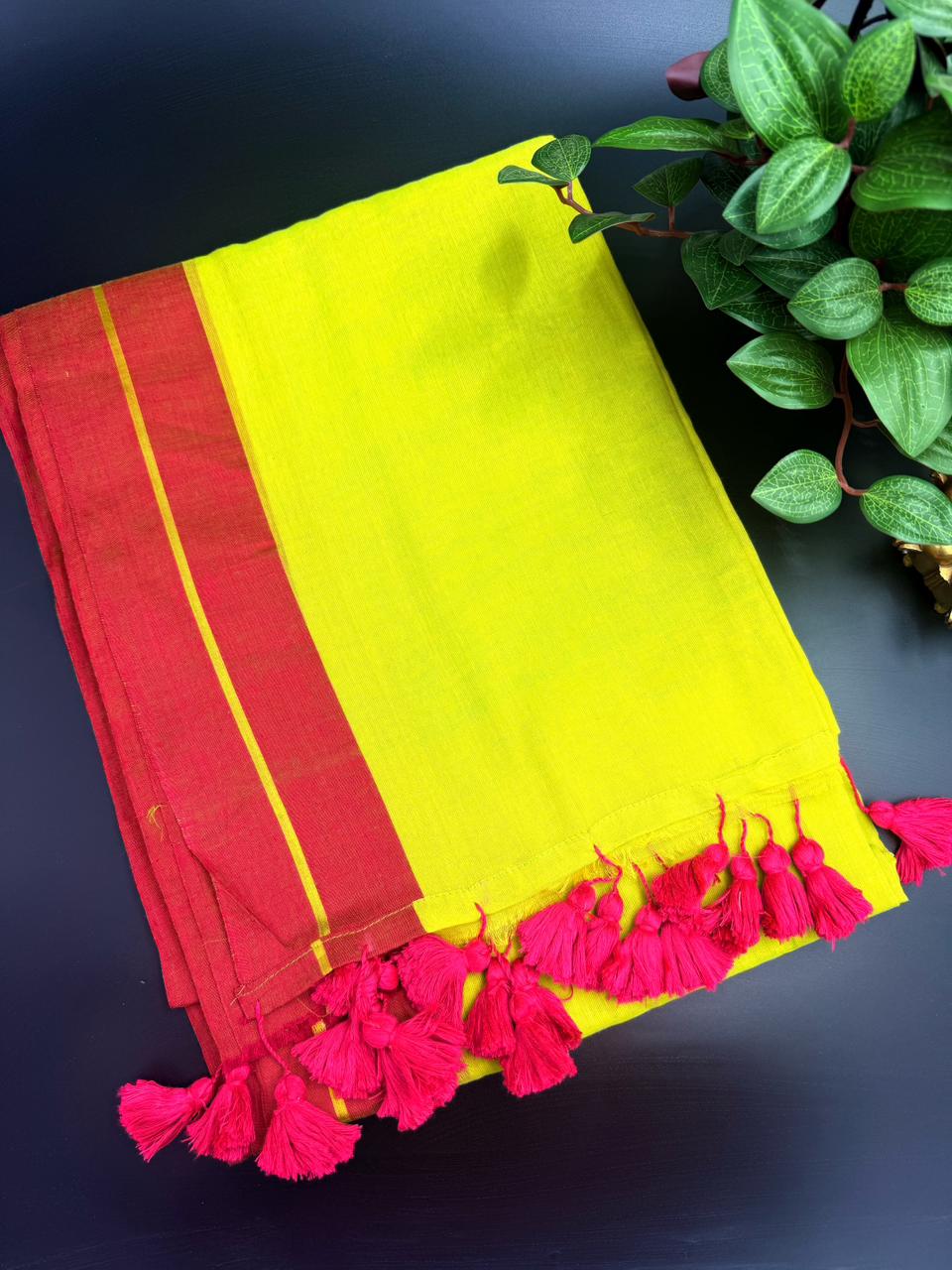 Lush Green Mul Cotton Saree with Red Border