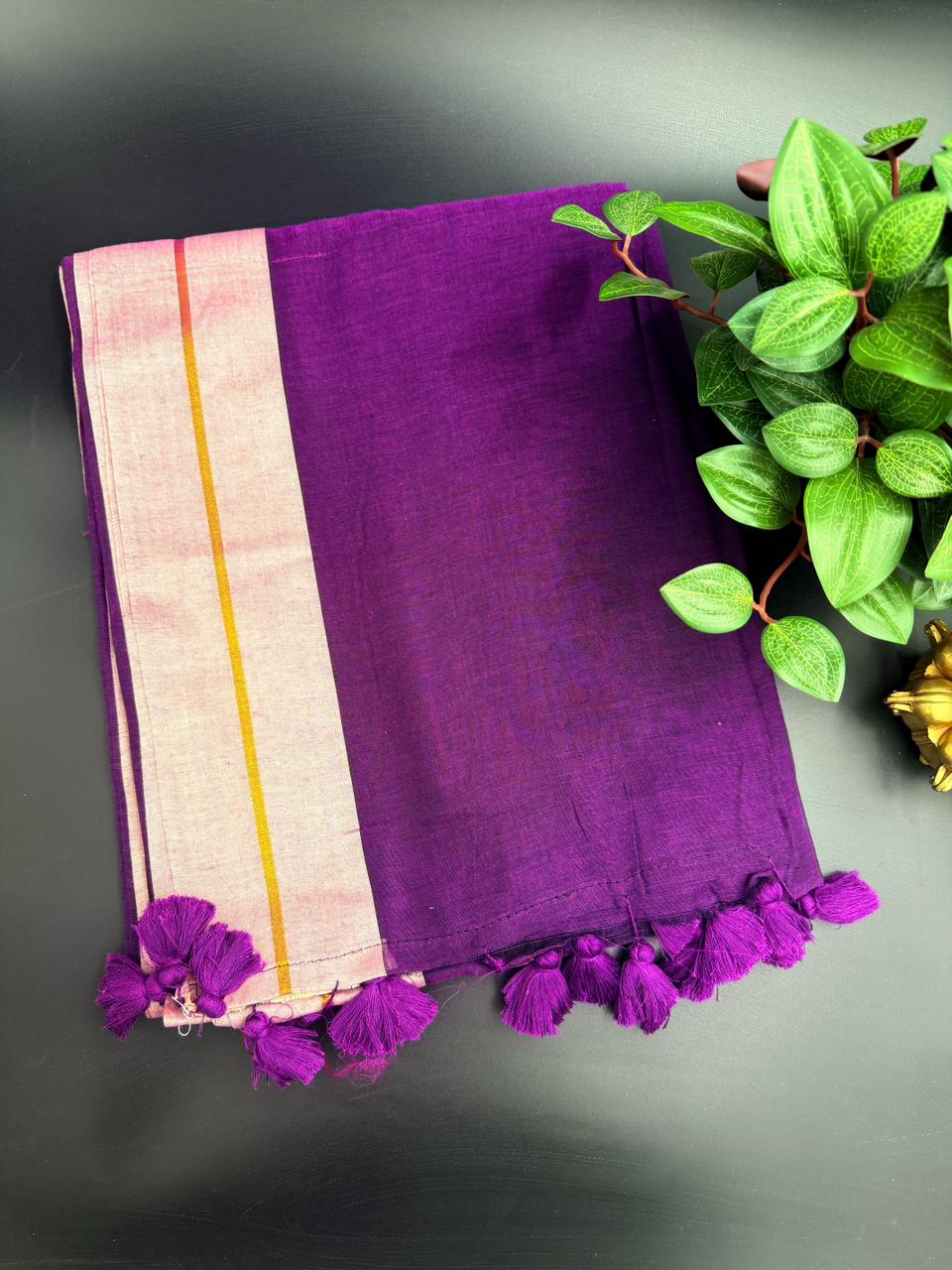 Purple Mul Cotton Saree with Pink Border