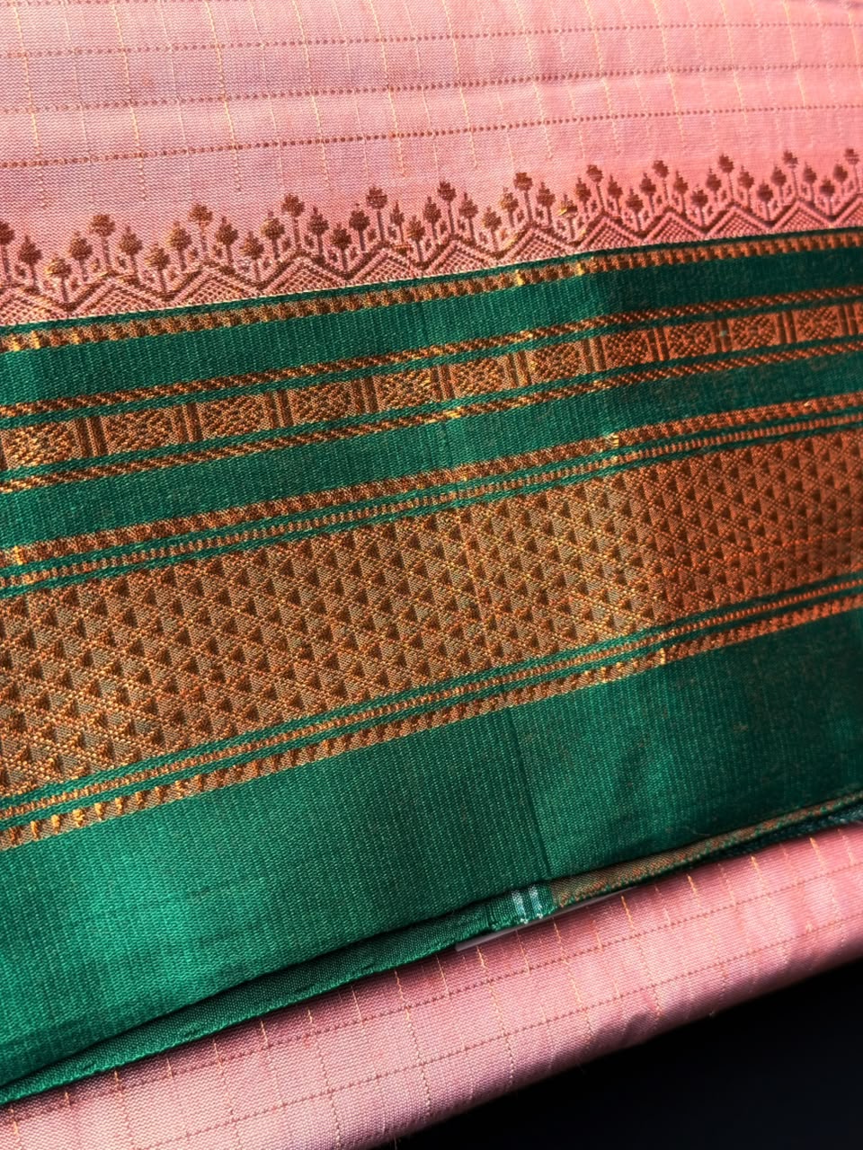 Peach Zari Checks Ilkal Saree With Green and Golden Zari Border