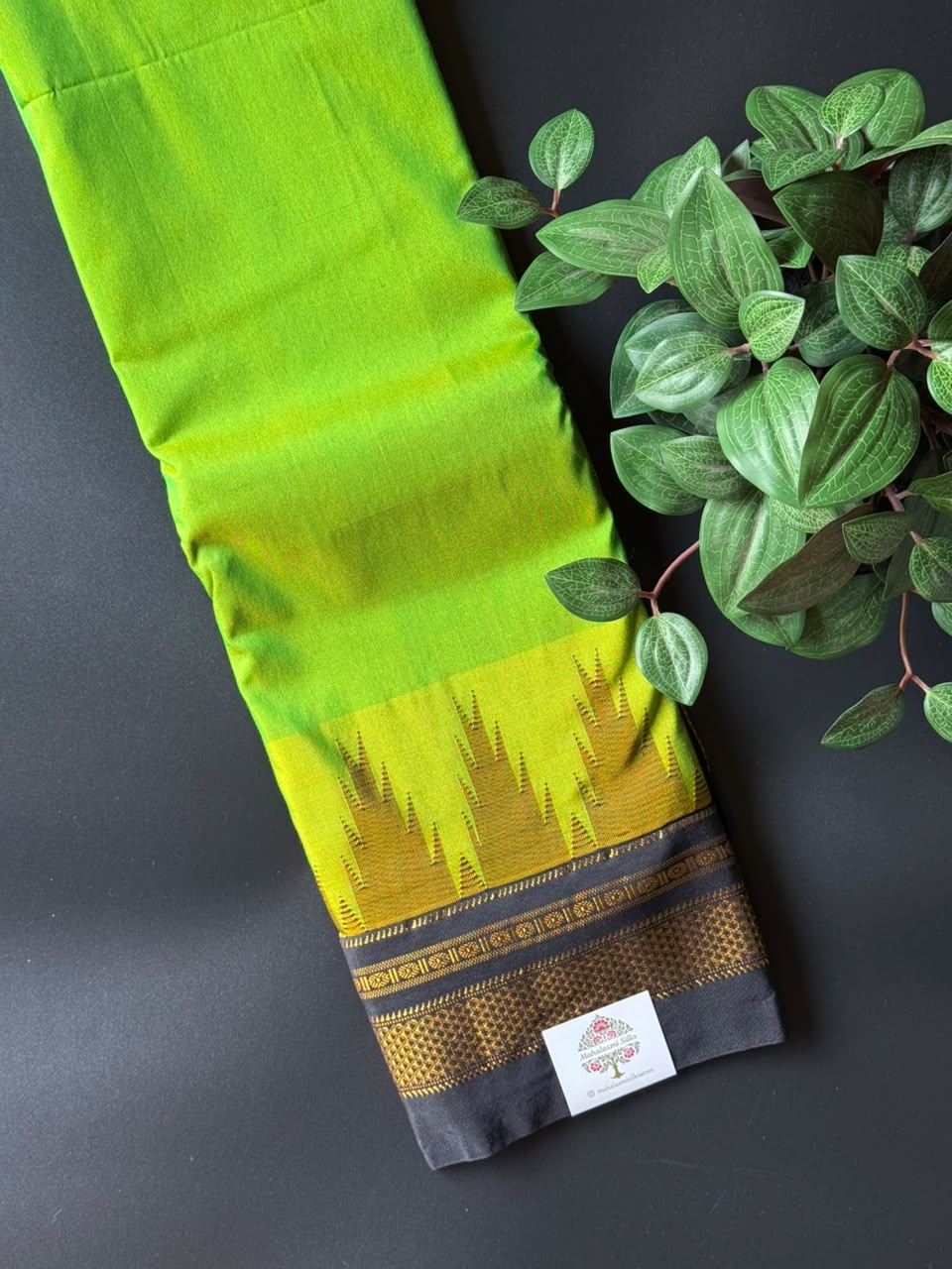 Lush Green Temple Gadhwal Saree with Black Border