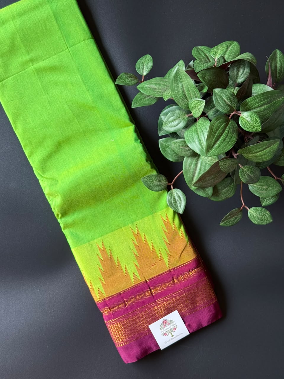 Lush Green Temple Gadhwal Saree with Maroon Border
