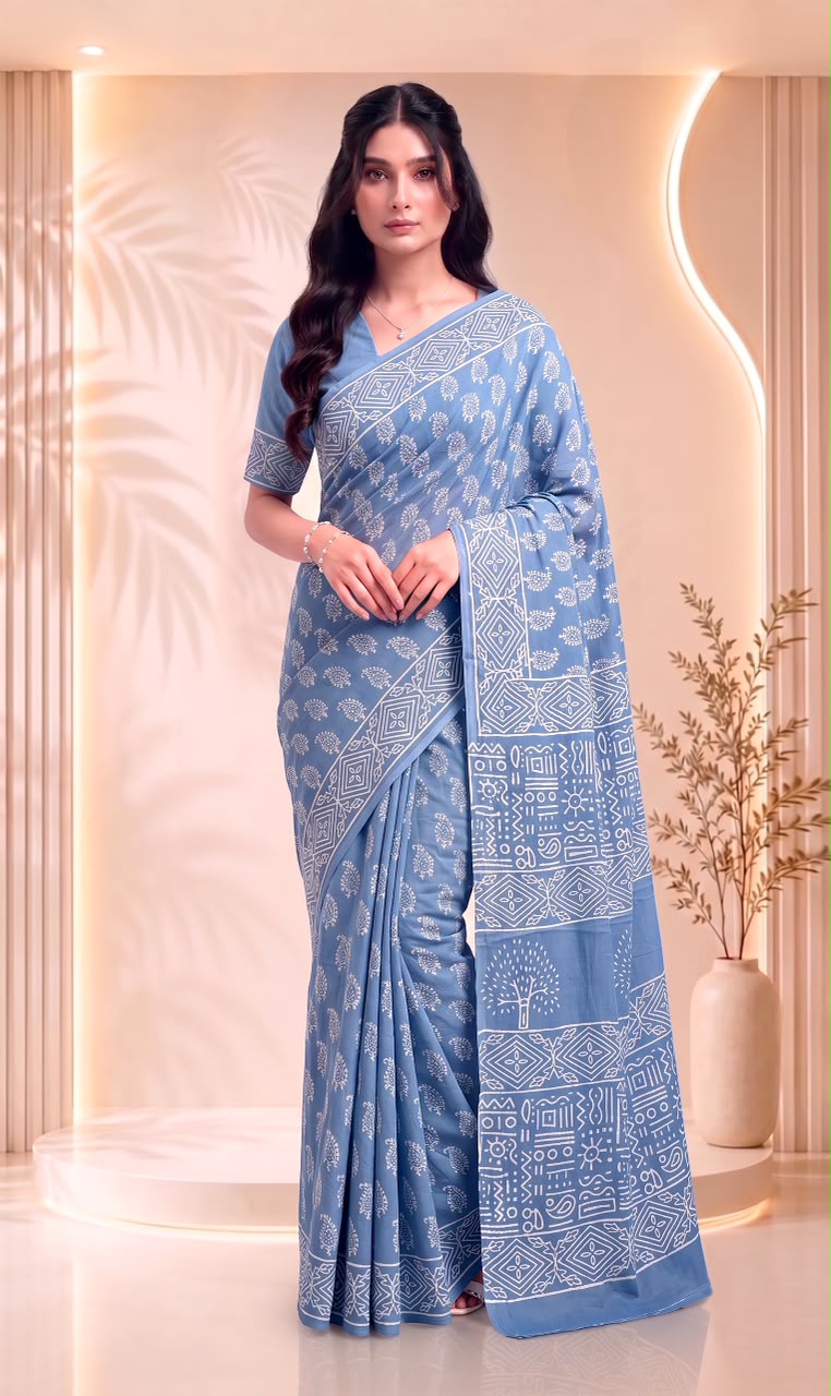 Blue Pure Cotton Block Printed Saree