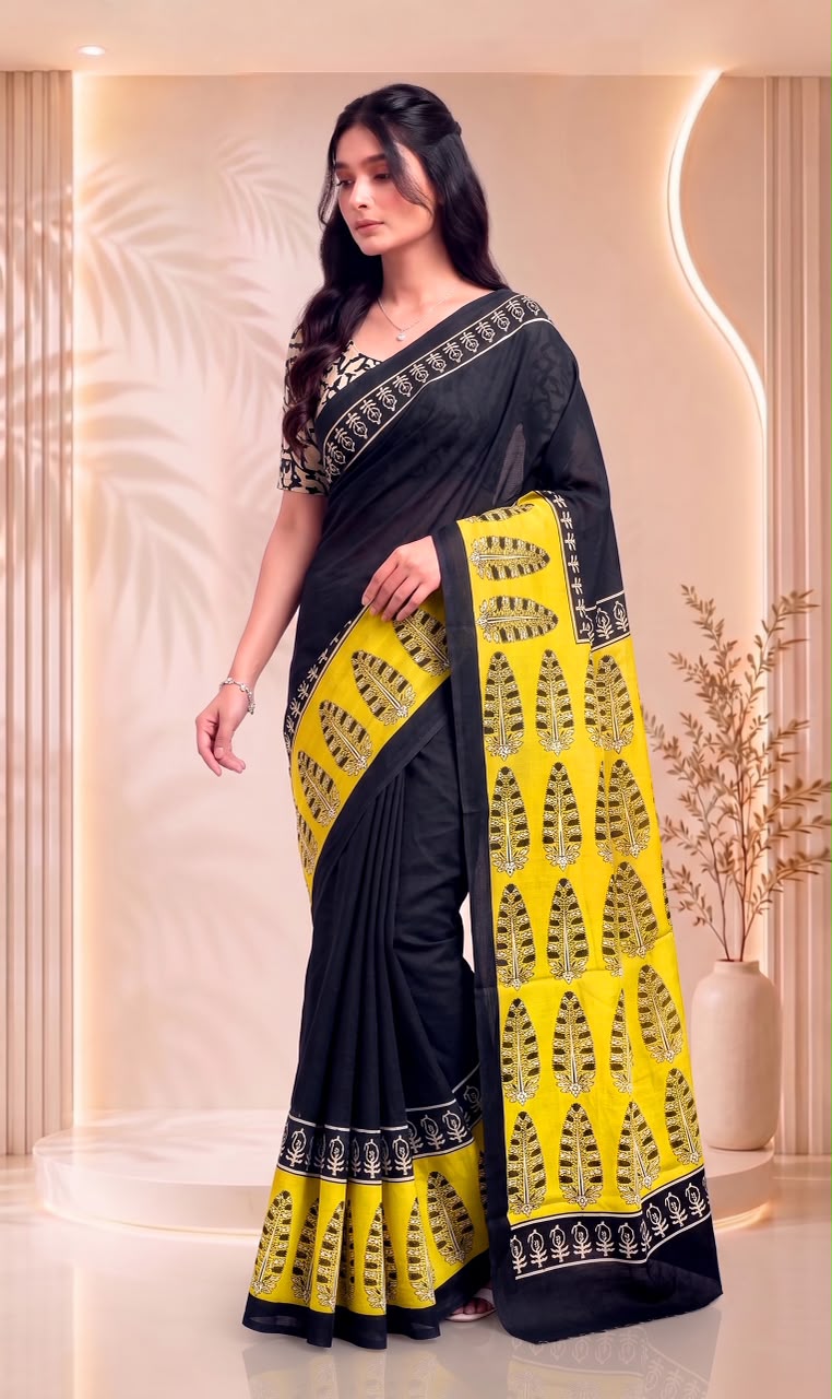 Black and Yellow Pure Cotton Block Printed Saree