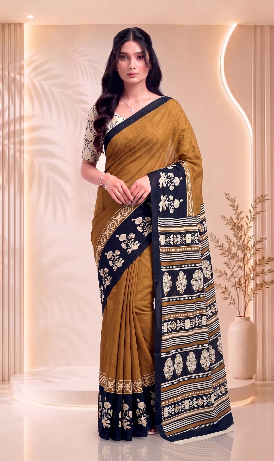 Yellow and Black Pure Cotton Block Printed Saree
