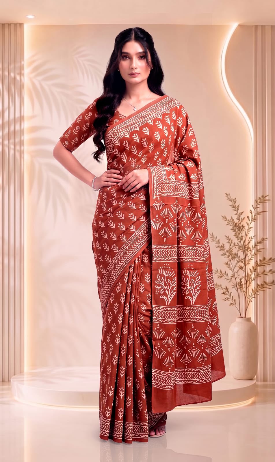 Red Pure Cotton Block Printed Saree