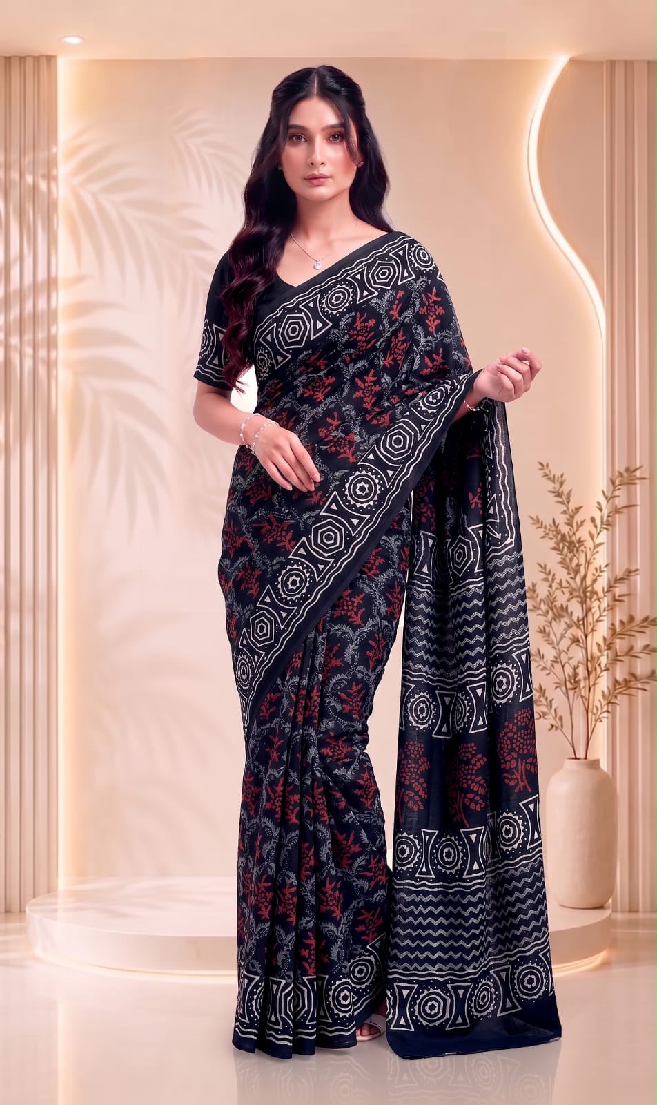 Black Pure Cotton Block Printed Saree