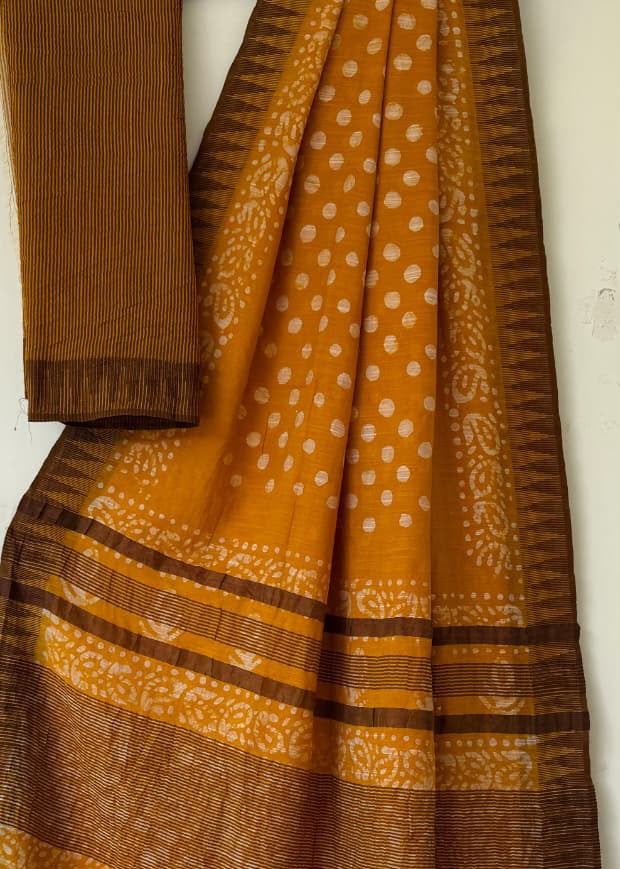Yellow Block Printed Temple Border Saree