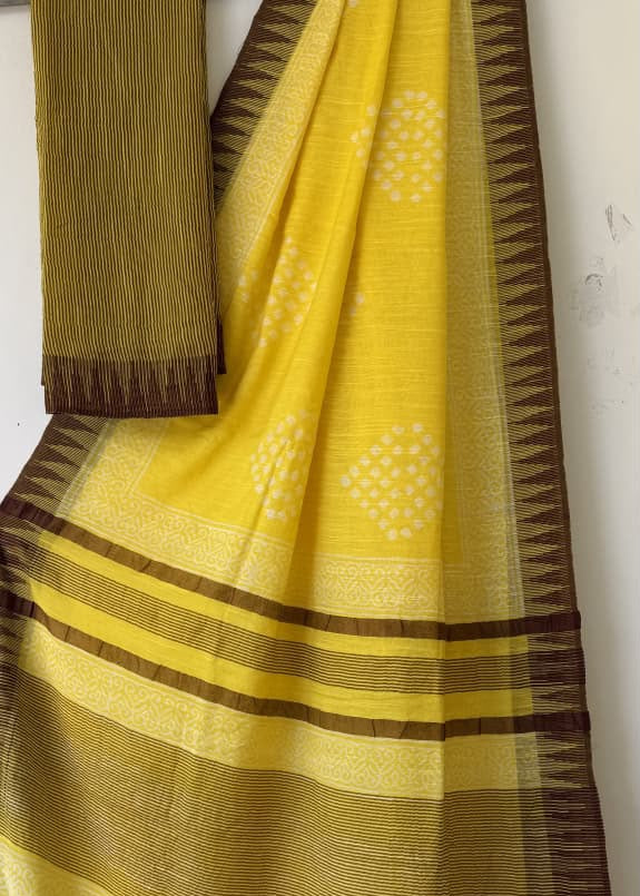 Lemon yellow Block Printed Temple Border Saree