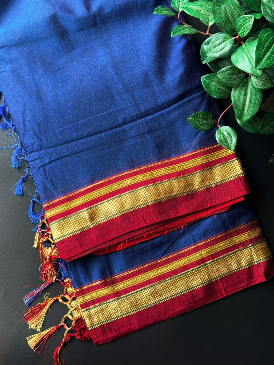 9 Yard Royal Blue Ilkal Saree With Maroon and Golden Zari Border
