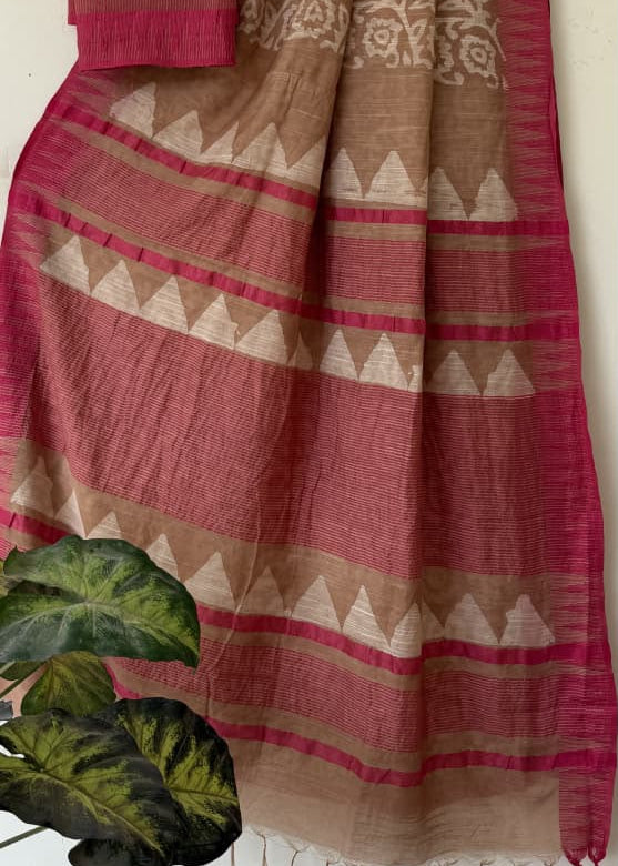 Beige Block Printed Temple Border Saree