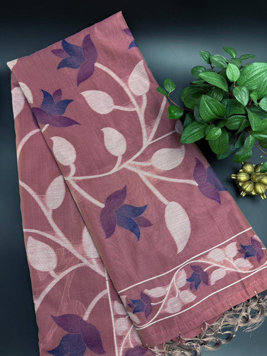 Bengal cotton dusky pink sarees with floral motifs