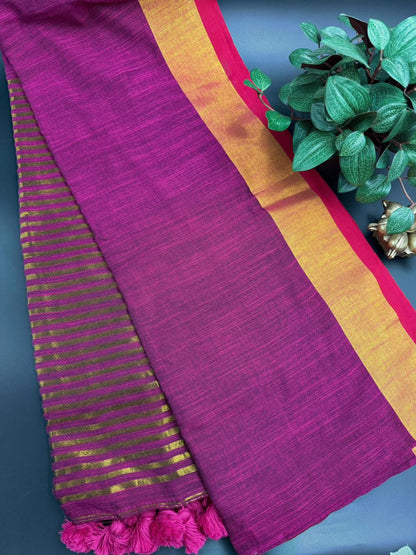 Rani Pink Linen Saree With Golden Zari Border