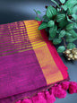 Rani Pink Linen Saree With Golden Zari Border