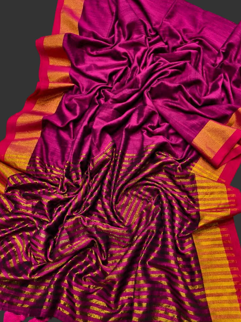 Rani Pink Linen Saree With Golden Zari Border