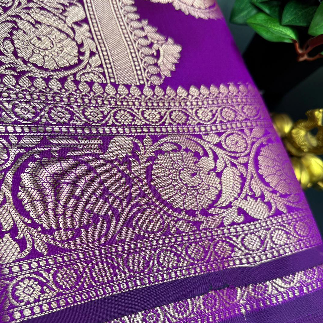 Muga Silk Purple Saree with Golden Zari Border