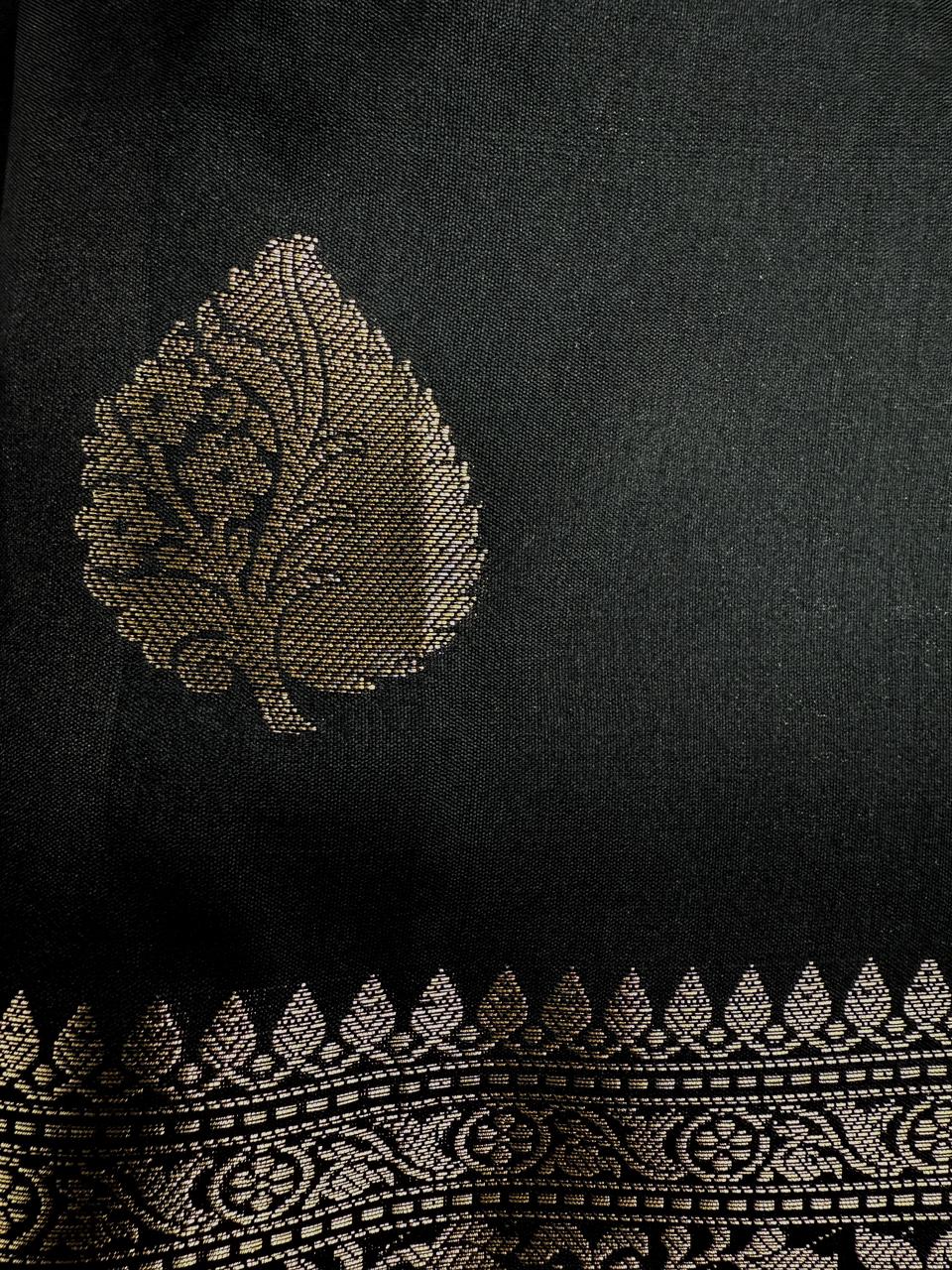 Muga Silk Black Saree with Copper Zari Border