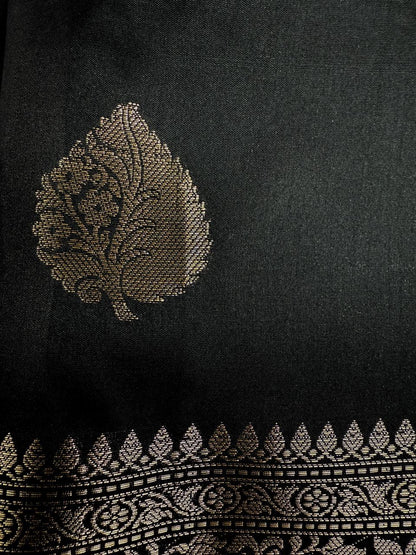 Muga Silk Black Saree with Copper Zari Border