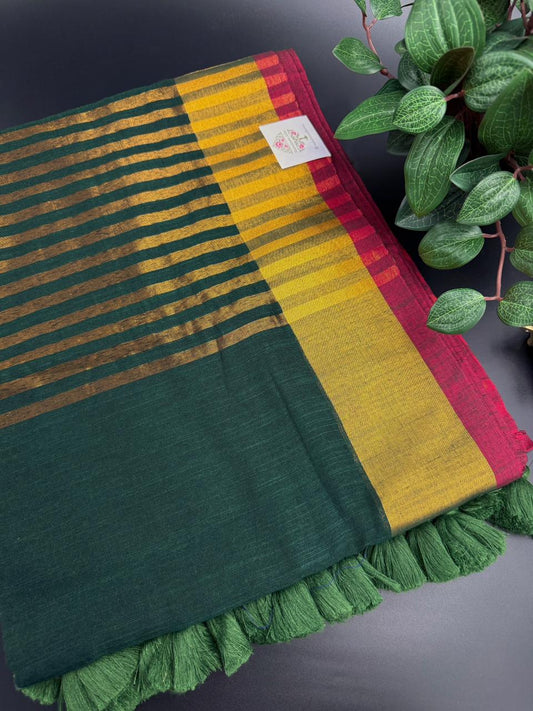 Dark Green Linen Saree With Golden Zari Border