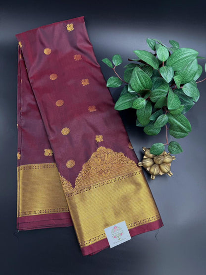 Kanchipuram Silk Saree Maroon and Gold Zari Border