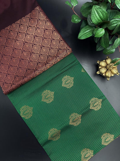 Royal Green Dupion Silk Saree and Maroon Border with Flower buttas