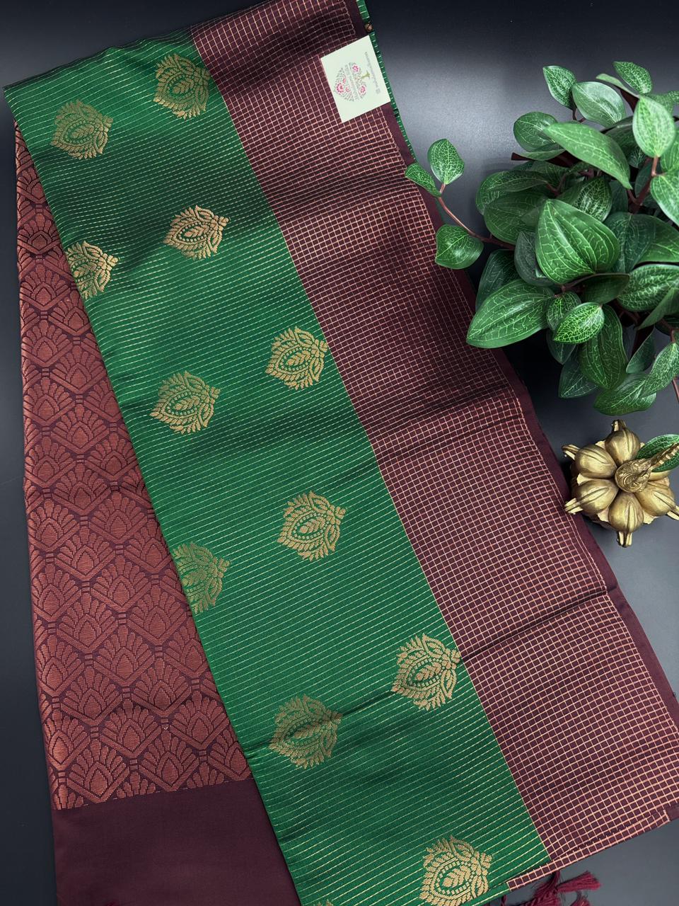 Royal Green Dupion Silk Saree and Maroon Border with Flower buttas
