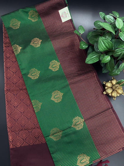 Royal Green Dupion Silk Saree and Maroon Border with Flower buttas