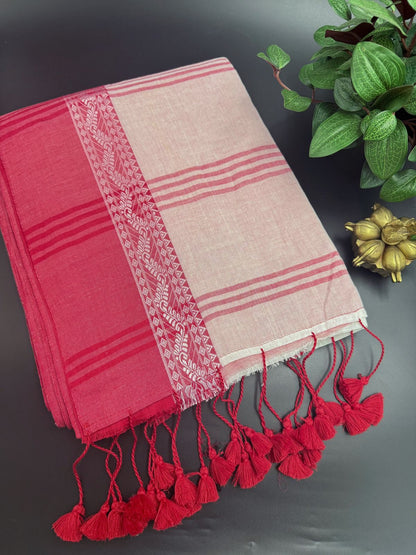 Mul Cotton Saree with Traditional Red Border