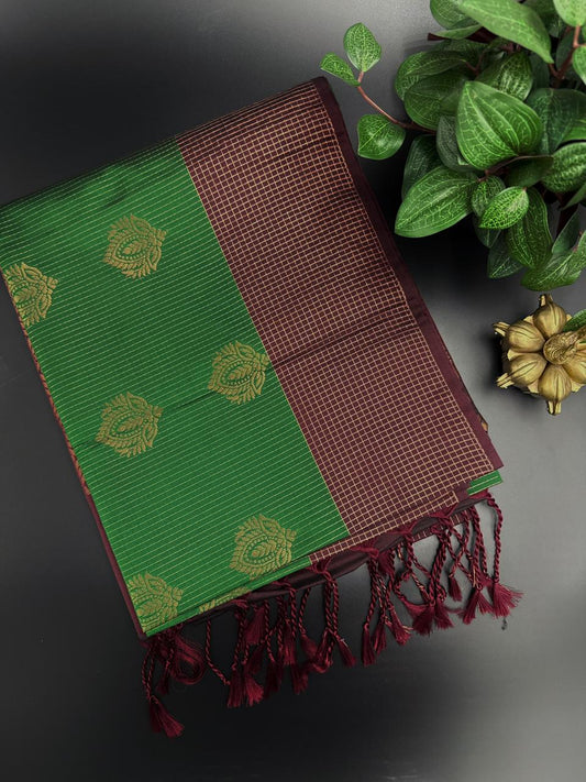 Royal Green Dupion Silk Saree and Maroon Border with Flower buttas
