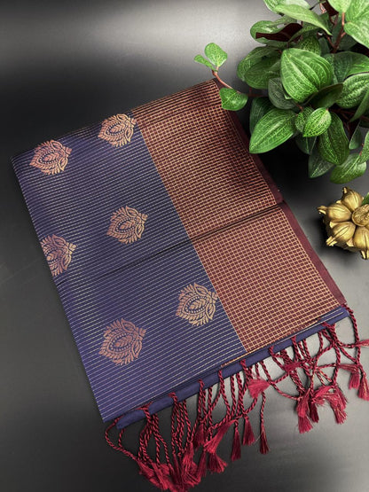 Navy Blue Dupion Silk Saree and Maroon Border with Flower buttas