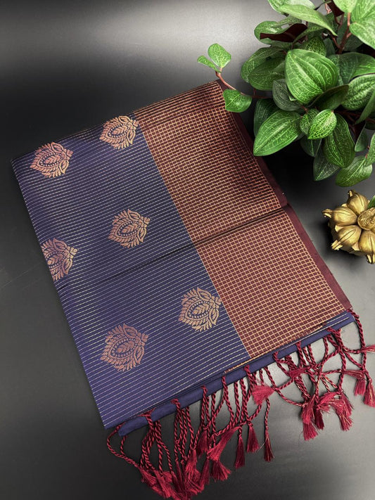 Navy Blue Dupion Silk Saree and Maroon Border with Flower buttas