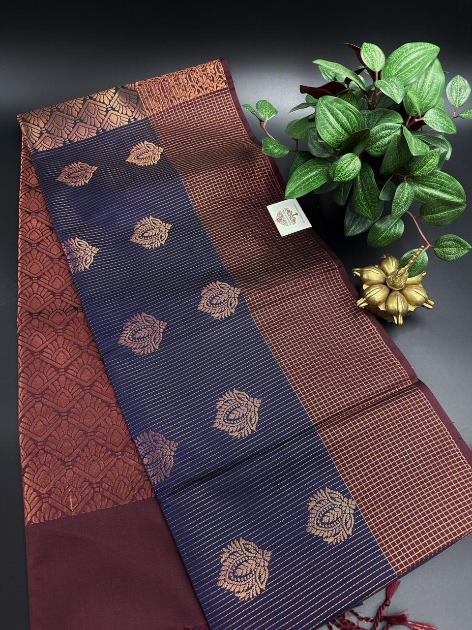Navy Blue Dupion Silk Saree and Maroon Border with Flower buttas