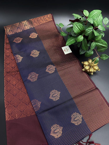 Navy Blue Dupion Silk Saree and Maroon Border with Flower buttas