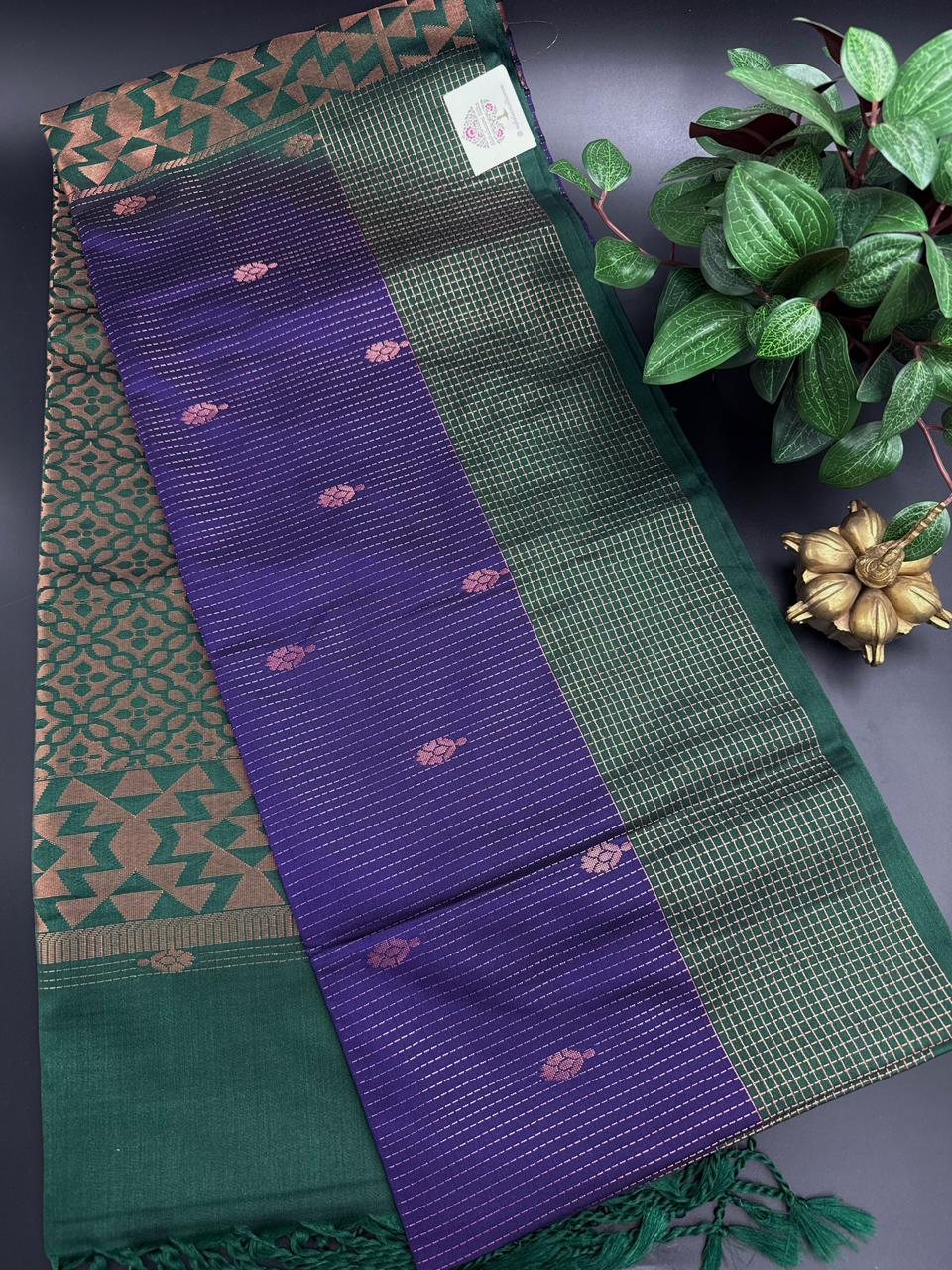 Purple Dupion Silk Saree and Green Border with Flower buttas