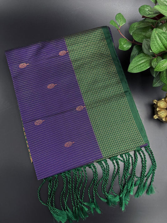 Purple Dupion Silk Saree and Green Border with Flower buttas