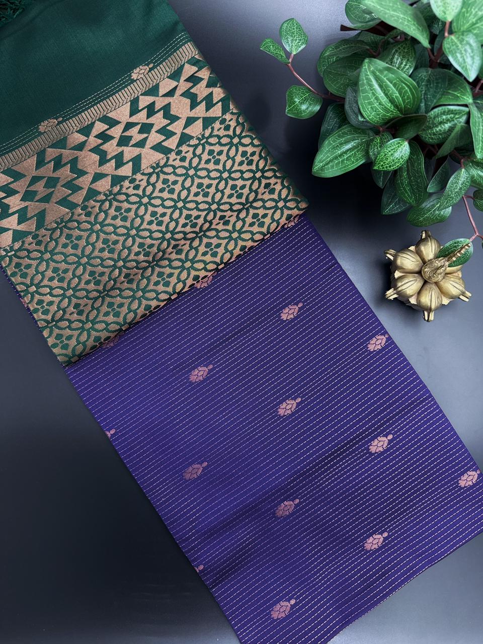 Purple Dupion Silk Saree and Green Border with Flower buttas