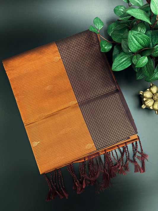 Rustic Orange Dupion Silk Saree and Maroon Border with Flower buttas