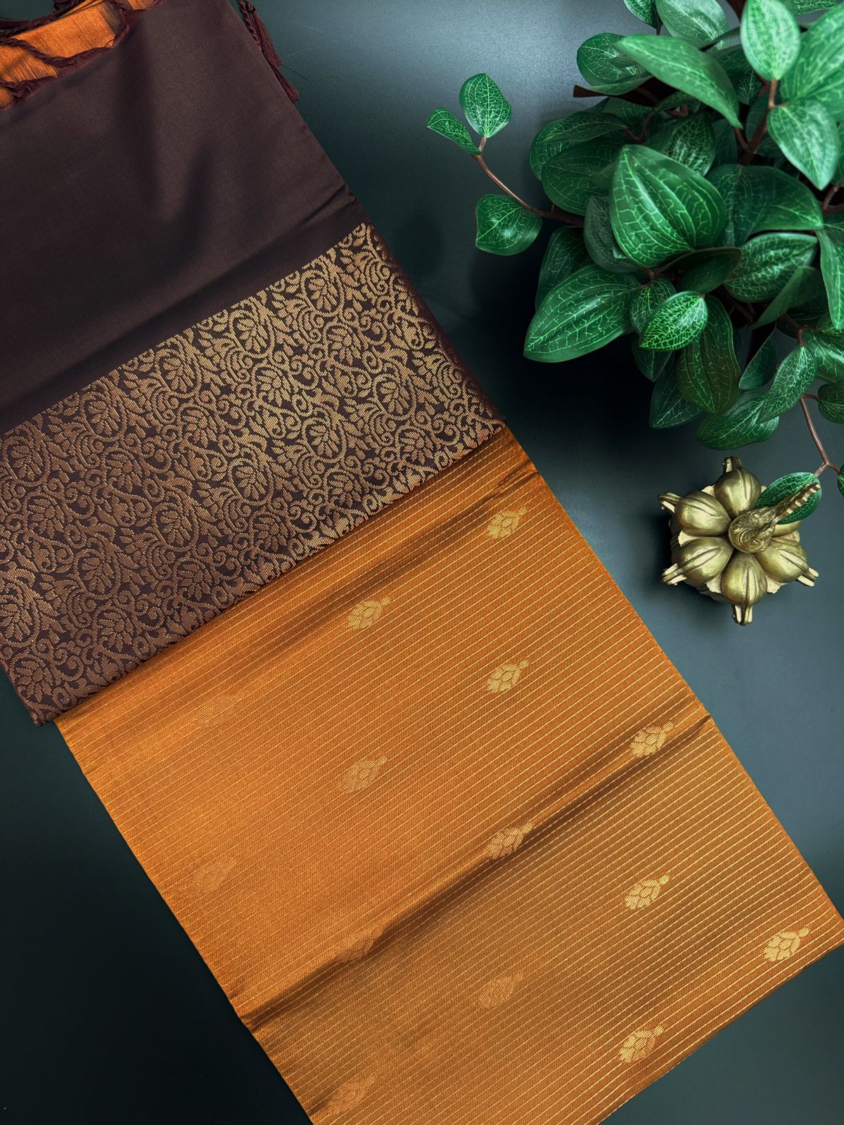 Rustic Orange Dupion Silk Saree and Maroon Border with Flower buttas