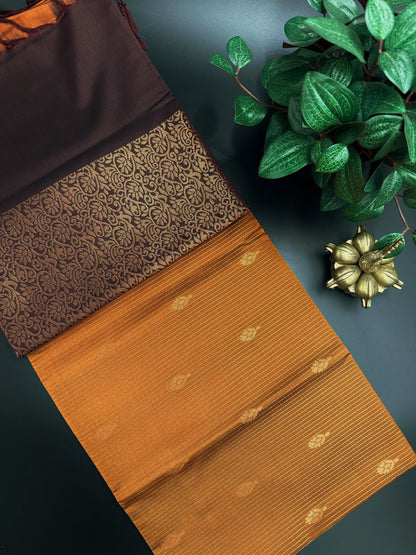 Rustic Orange Dupion Silk Saree and Maroon Border with Flower buttas