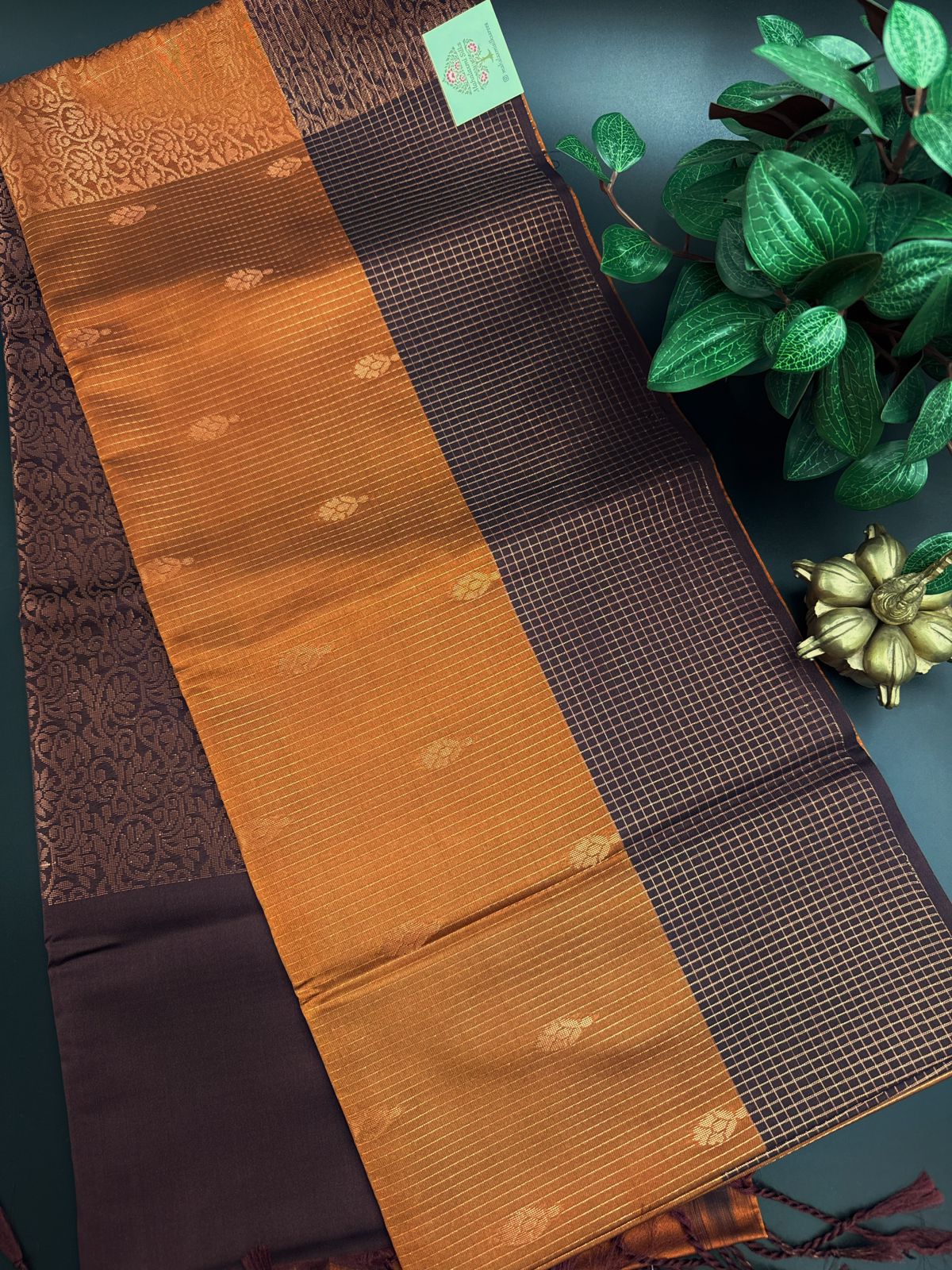 Rustic Orange Dupion Silk Saree and Maroon Border with Flower buttas