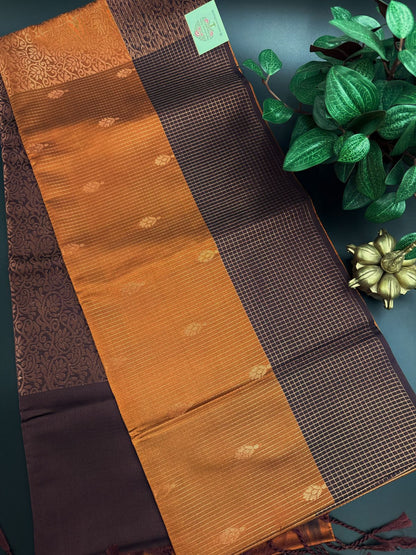 Rustic Orange Dupion Silk Saree and Maroon Border with Flower buttas
