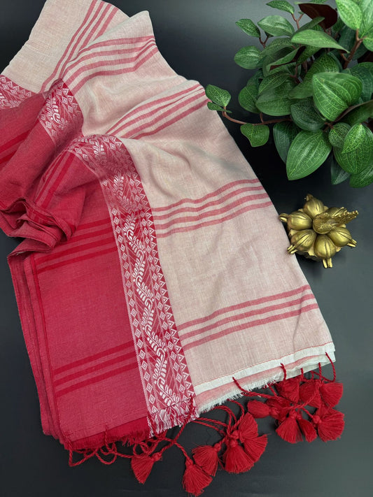 Mul Cotton Saree with Traditional Red Border
