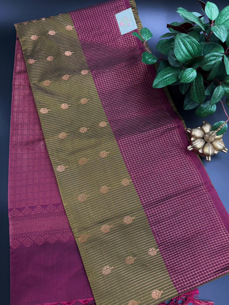 Olive Green Dupion Silk Saree and Green Border with Flower buttas