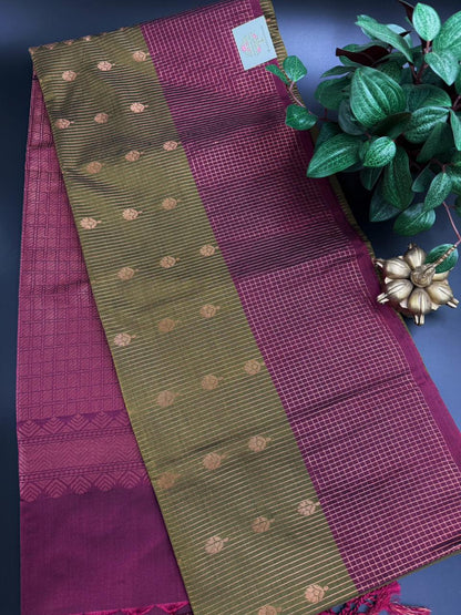Olive Green Dupion Silk Saree and Green Border with Flower buttas
